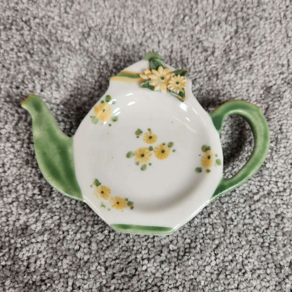 Vintage Tea Bag Rest White Green Floral Teapot Shape Ceramic Small 4.5in